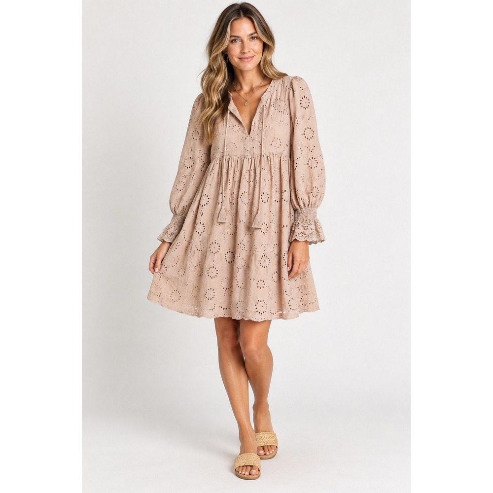 Scandal Taupe Eyelet Babydoll Mini Dress